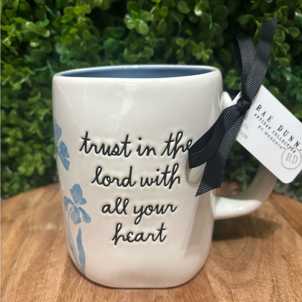 Rae Dunn  NWT White Ceramic Mug with Blue Floral Interior Accent